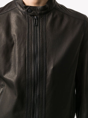 men’s black cowhide leather biker jacket side angle