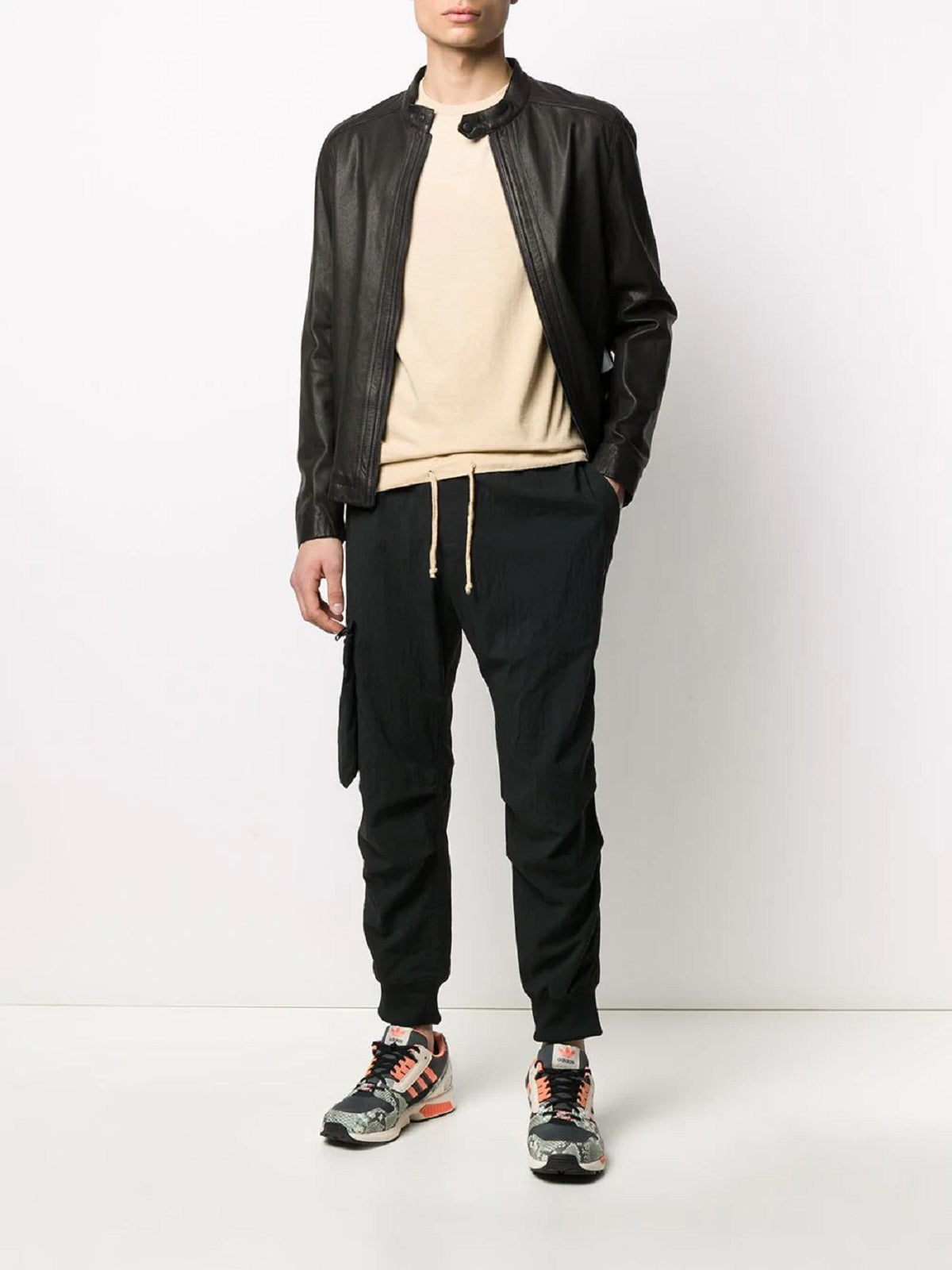 men’s black cowhide leather biker jacket back view