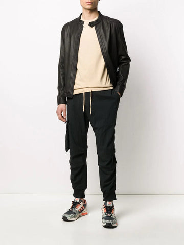 men’s black cowhide leather biker jacket back view
