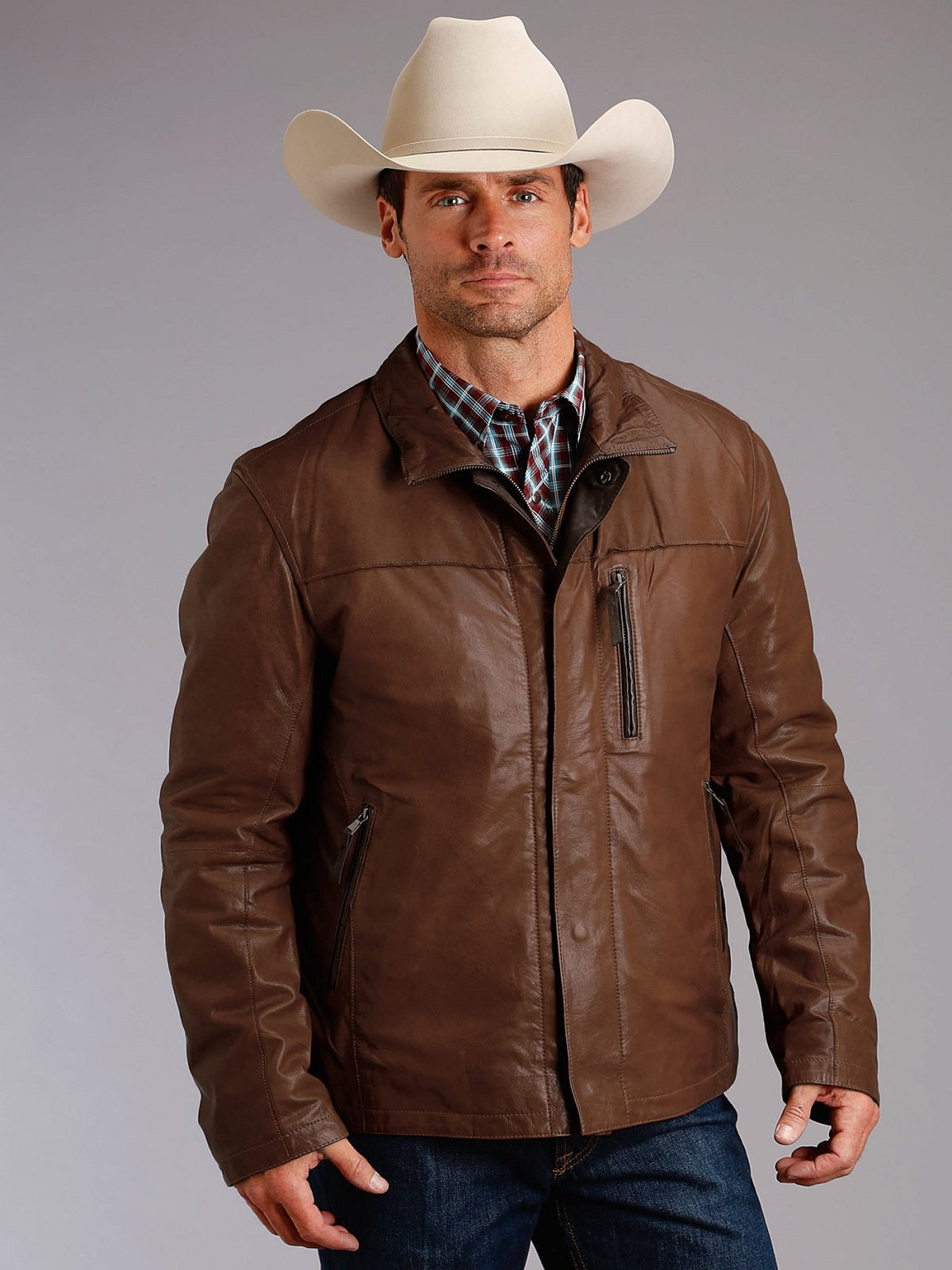 • mens brown leather jacket zipper detail
