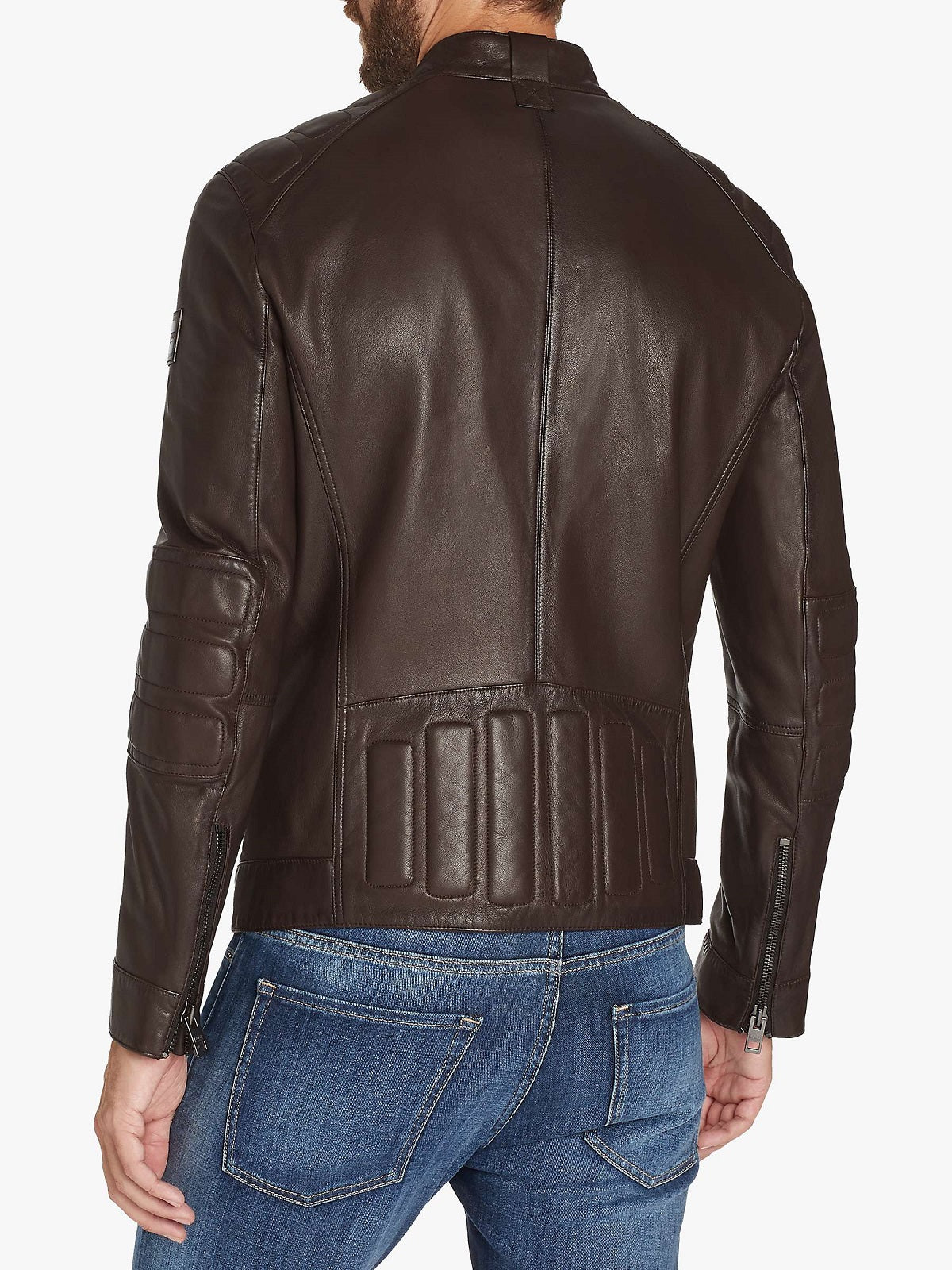 • mens brown leather jacket zipper cuff detail
