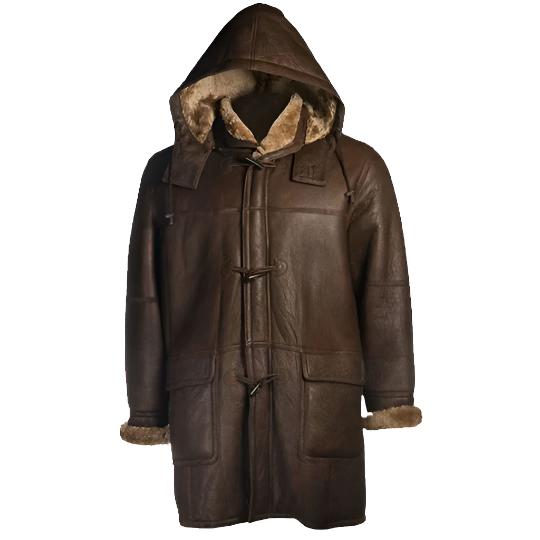 Men Brown Shearling Hoodie Coat - AMSEL LEATHERS