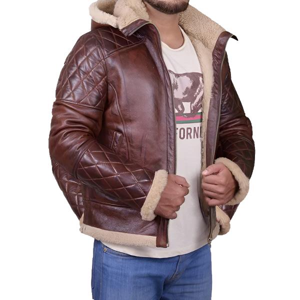 Men Brown Shearling Jacket with Hoodie - AMSEL LEATHERS