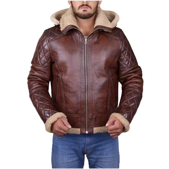 Men Brown Shearling Jacket with Hoodie - AMSEL LEATHERS