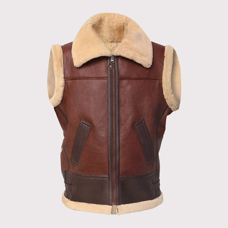 Men Brown Shearling Leather Vest - AMSEL LEATHERS