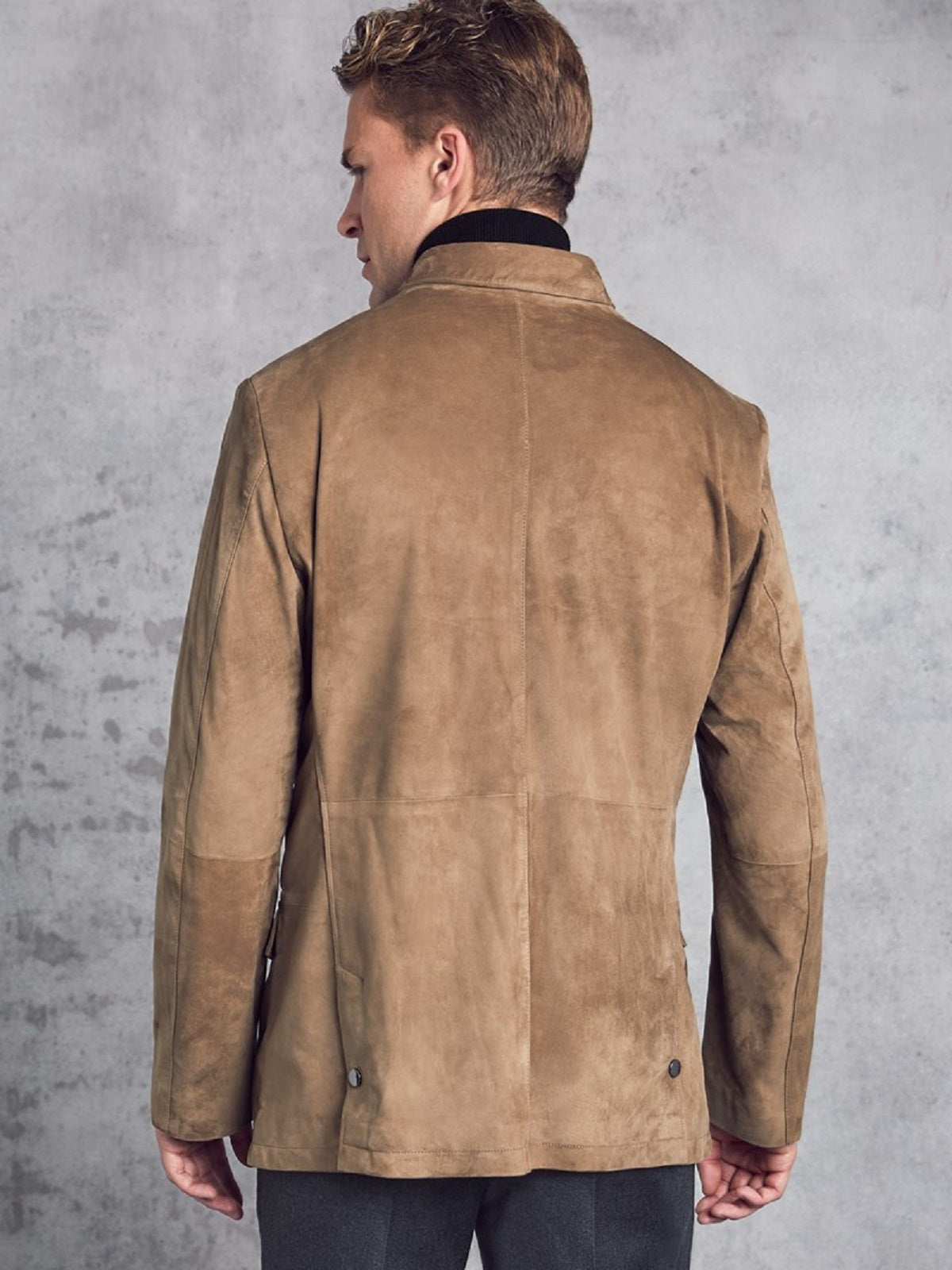 • brown suede leather jacket mens stand collar front view
