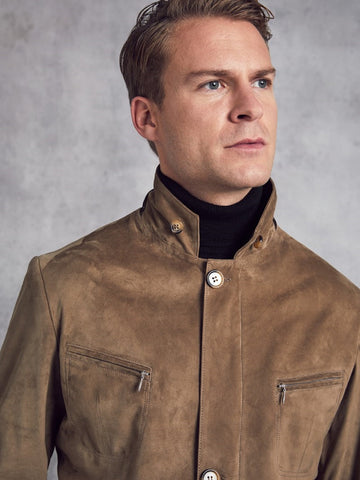 • mens suede jacket zipper and button closure detail
