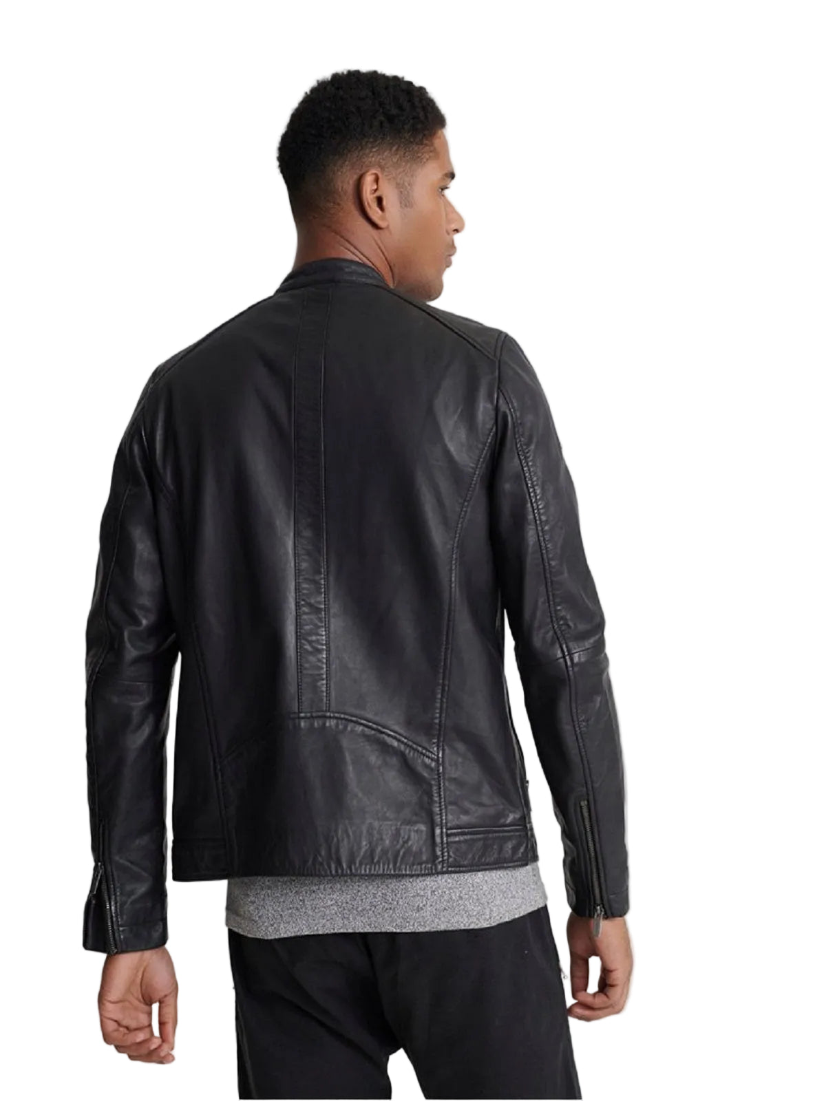 men's black leather biker jacket evren back view