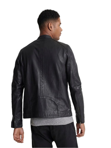 men's black leather biker jacket evren back view