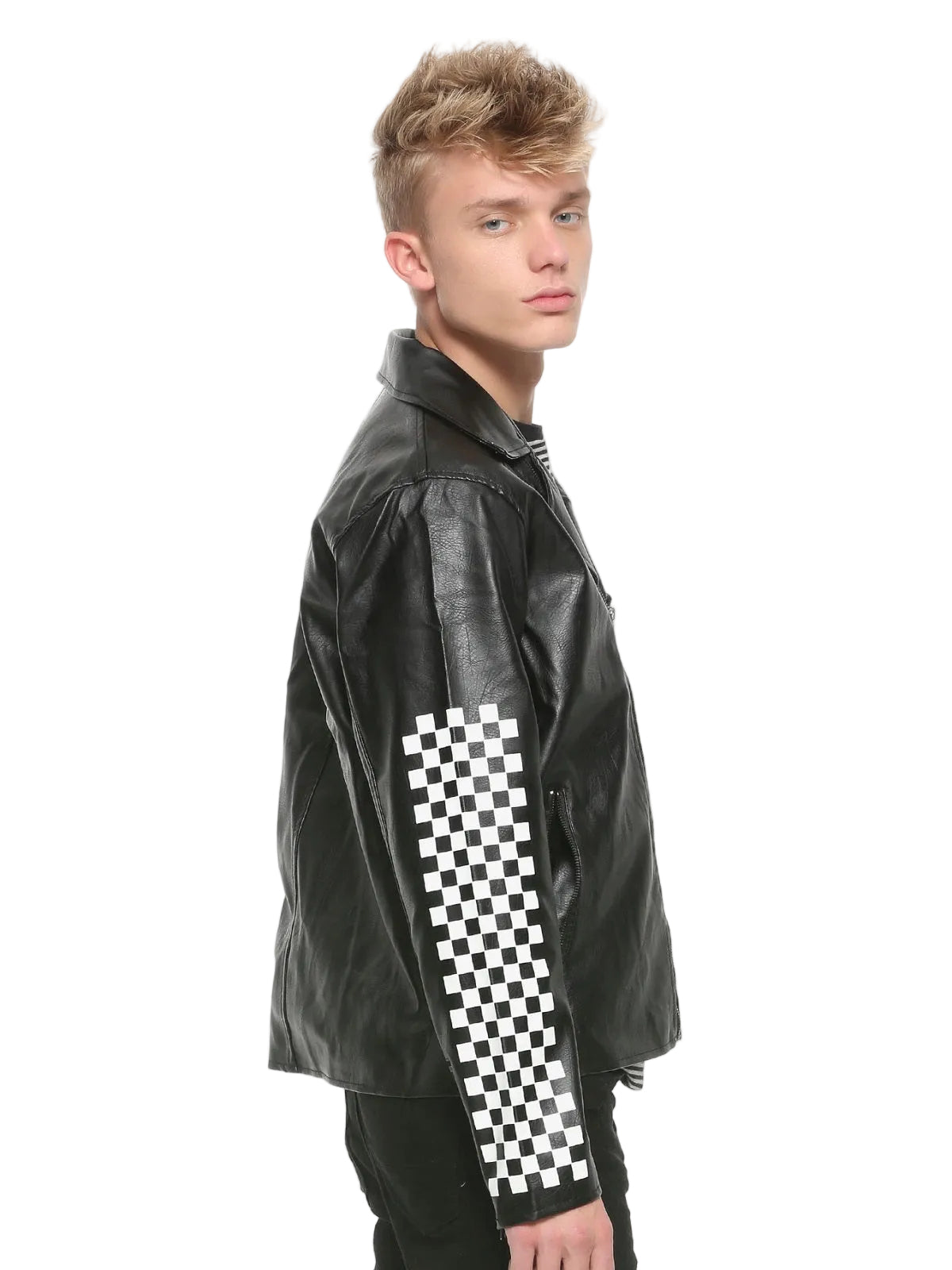 • black moto jacket faux leather lapel close up
