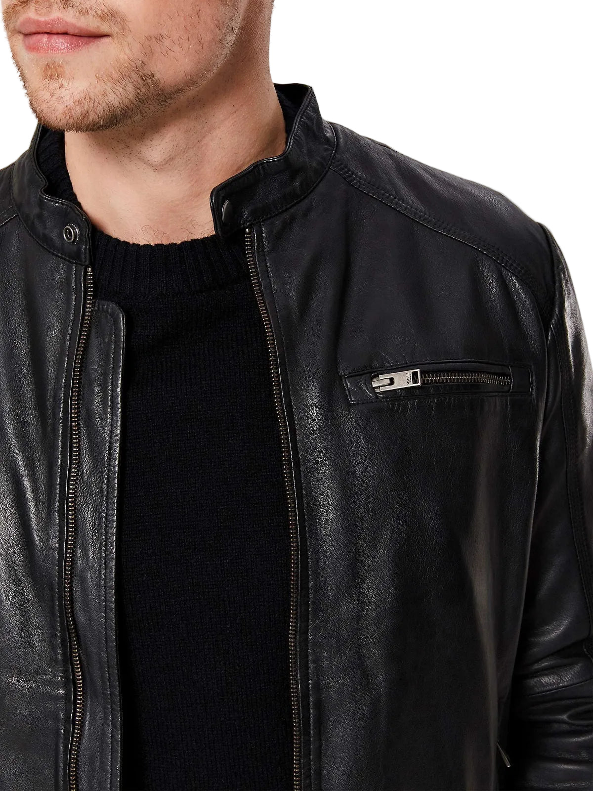 men's black leather biker jacket atlas detail close up