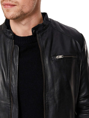 men's black leather biker jacket atlas detail close up