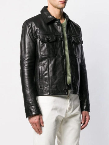 men’s black cowhide leather jacket detail view