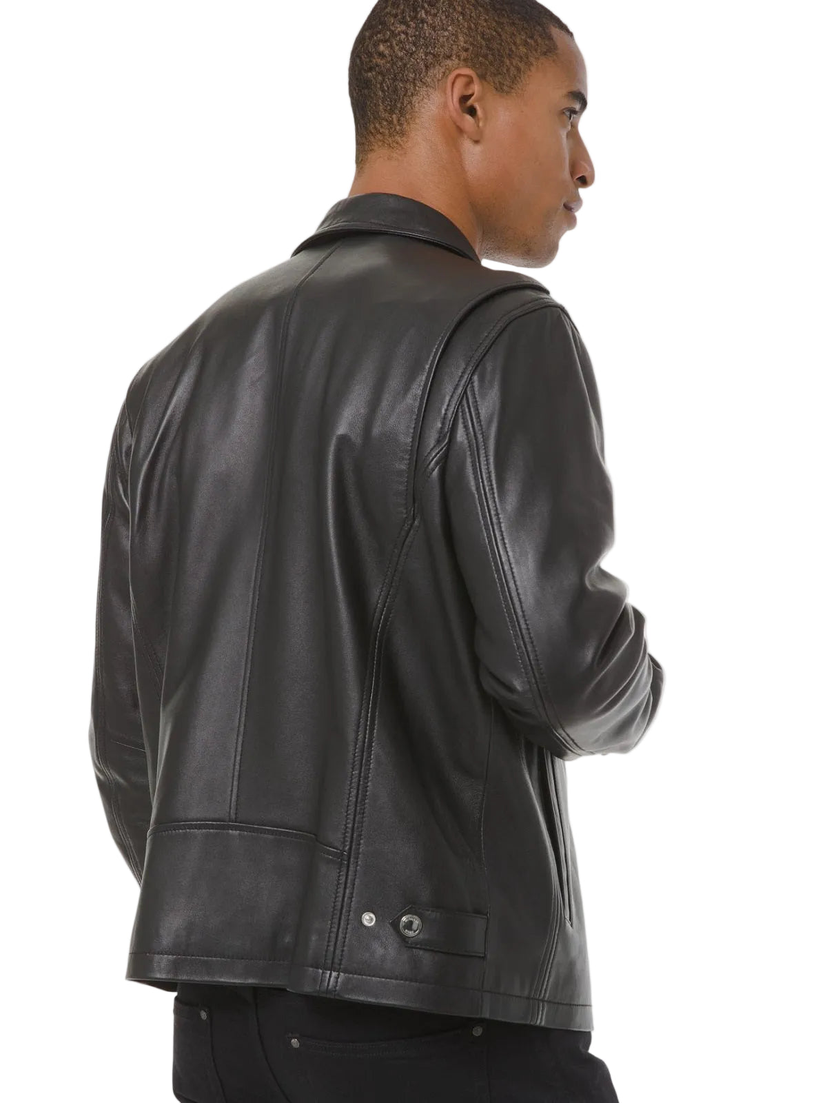 • black leather jacket shirt collar zip mens front view
