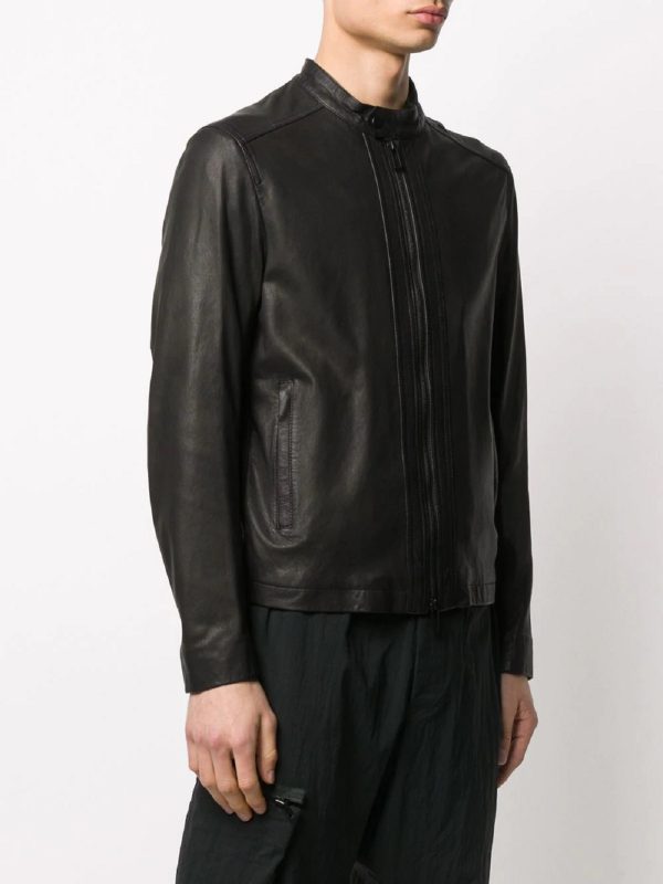 men’s black cowhide leather biker jacket detail view