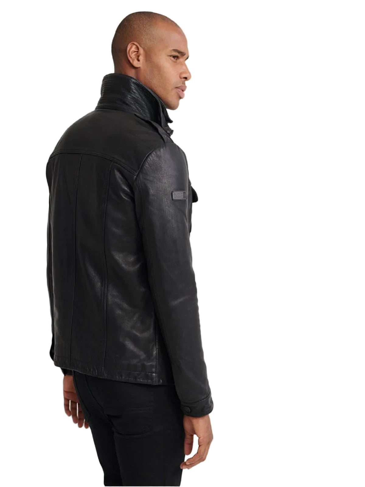 men's black leather racer jacket armand detail close up