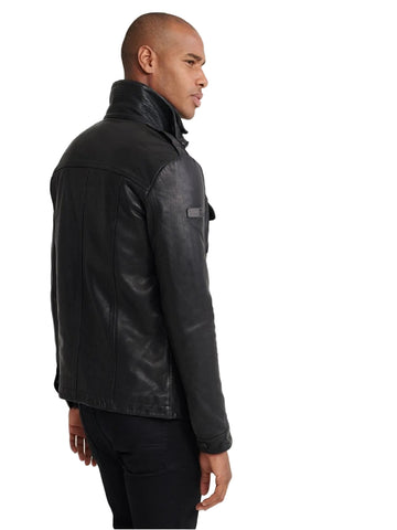 men's black leather racer jacket armand detail close up