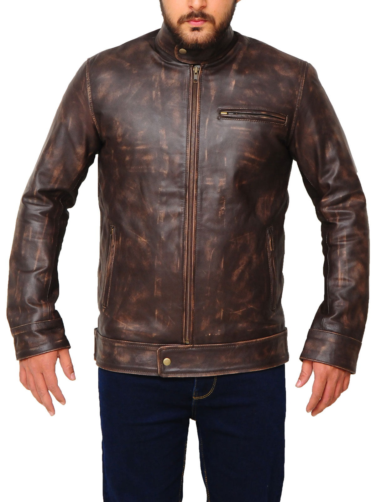 • mens biker jacket side angle brown

