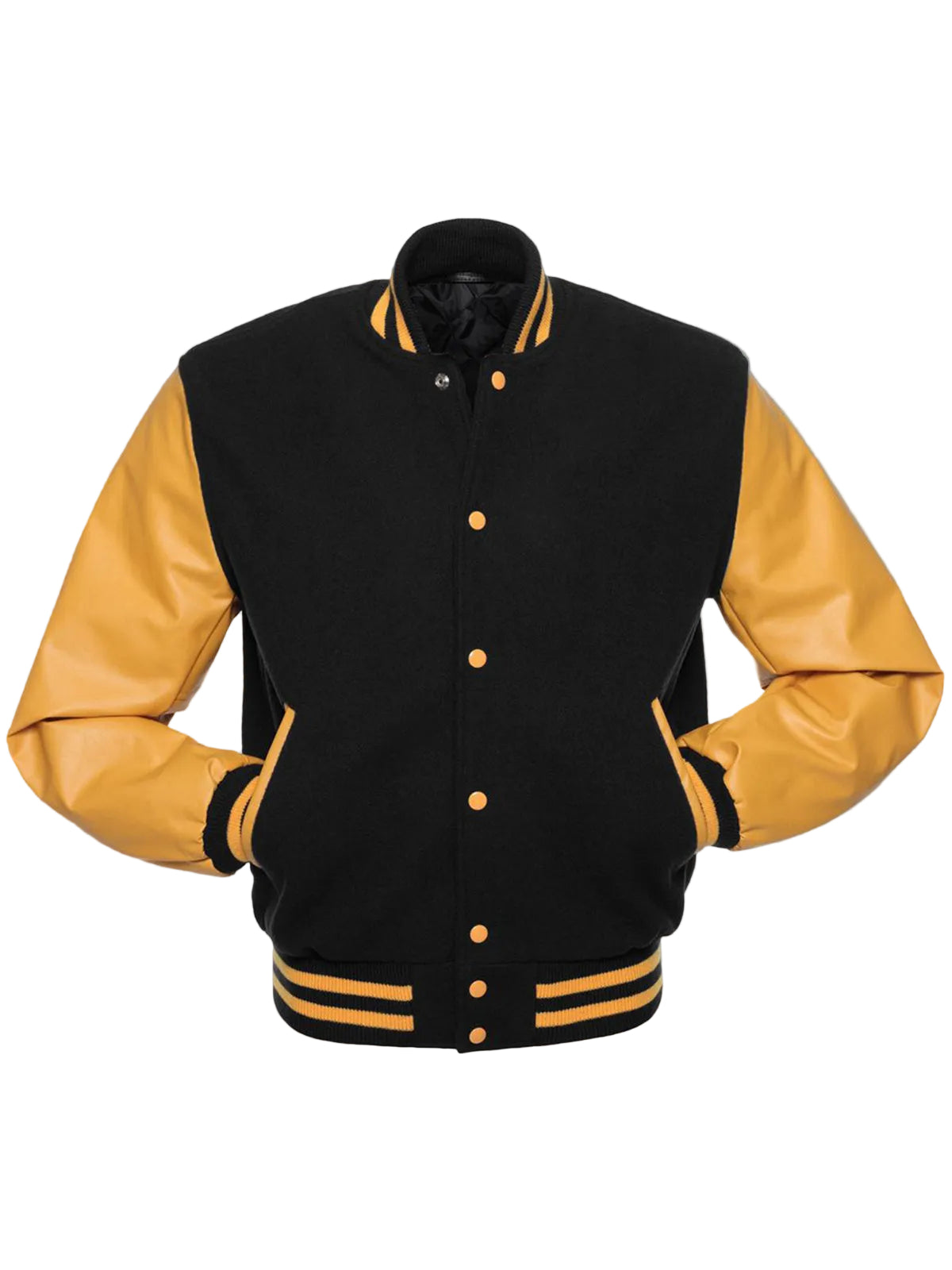 • black gold varsity jacket mens leather sleeves front view
