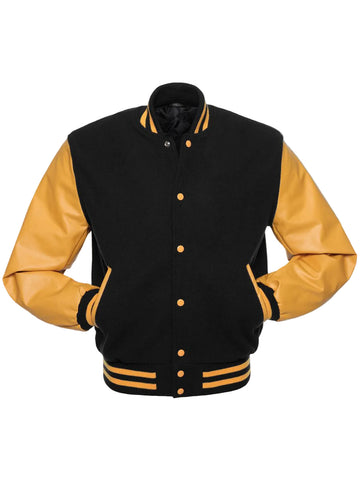 • black gold varsity jacket mens leather sleeves front view
