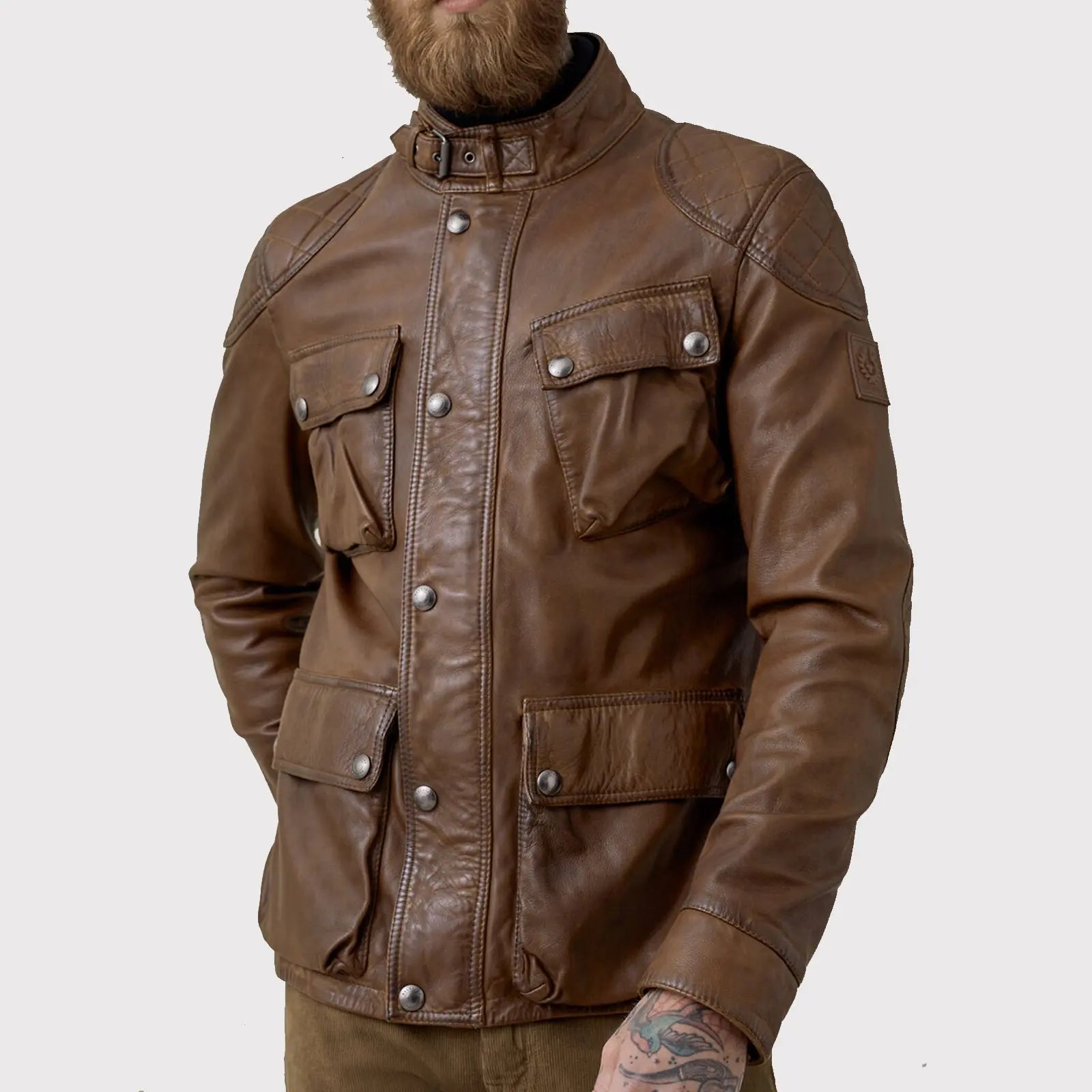 Men Lambskin Leather Field Jacket in Walnut - AMSEL LEATHERS