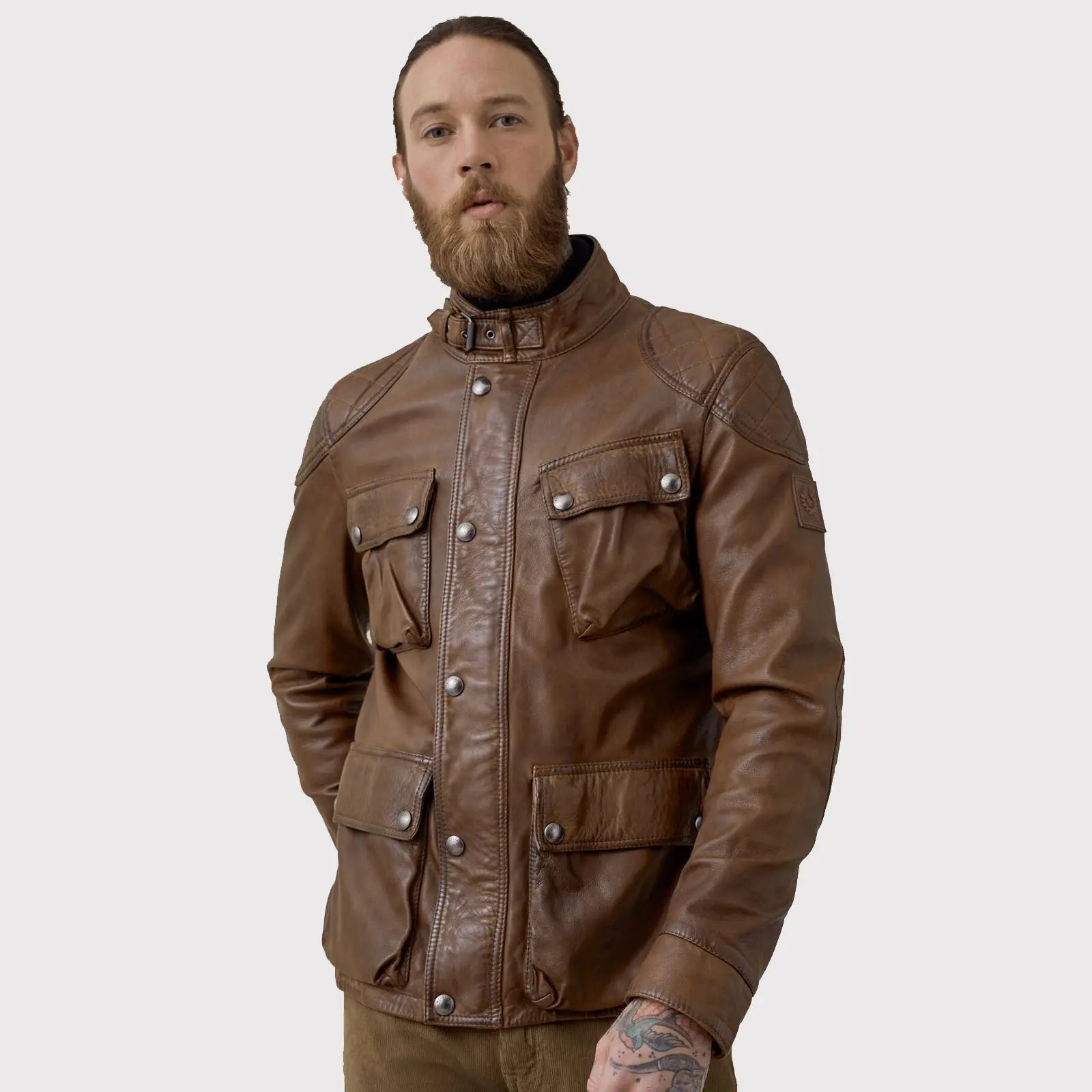 Men Lambskin Leather Field Jacket in Walnut - AMSEL LEATHERS