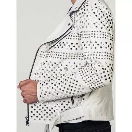 Men Leather White Jacket - Punk Studded Motorcycle Genuine Cowhide Leather Jacket - AMSEL LEATHERS