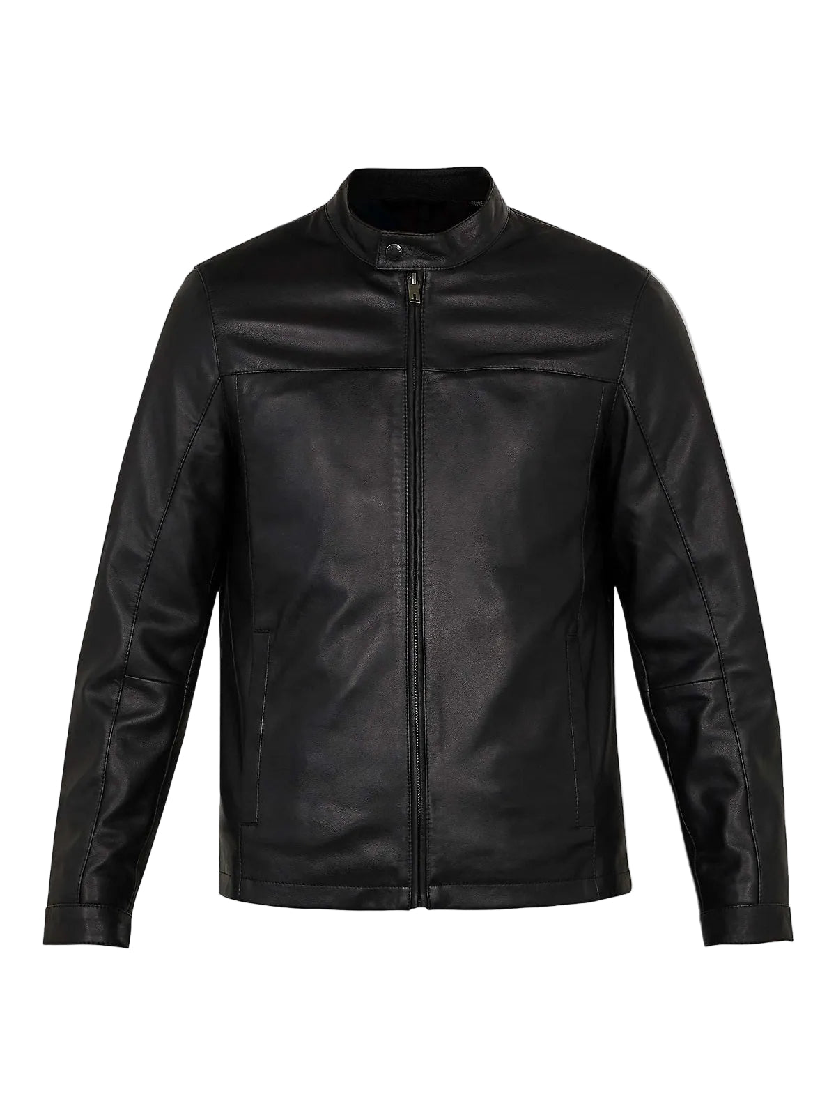 • mens black leather jacket button cuffs detail
