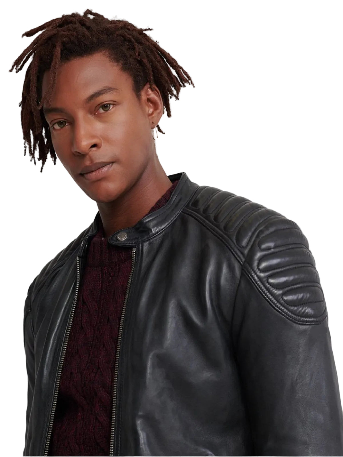 men's black leather biker jacket kael detail close up
