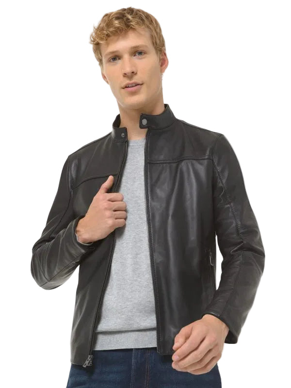 • black leather jacket snap tab collar mens front view
