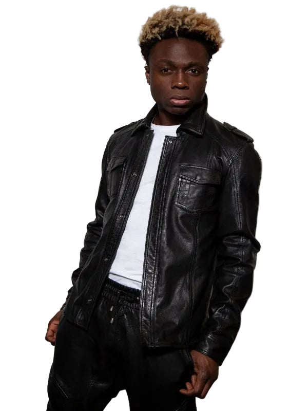 men's black leather shirt orion front view