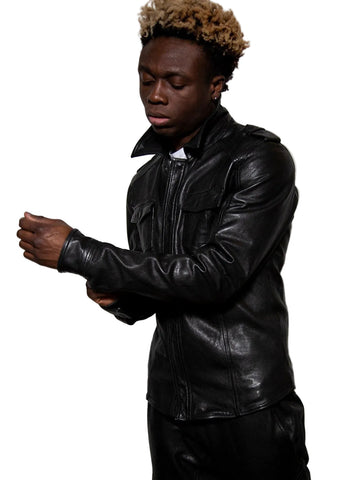 men's black leather shirt orion back view