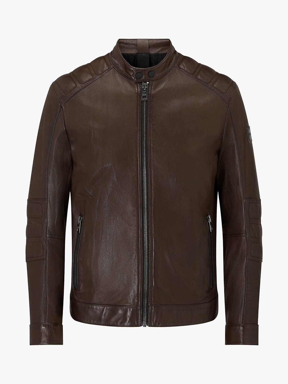 • snap tab collar leather jacket close up
