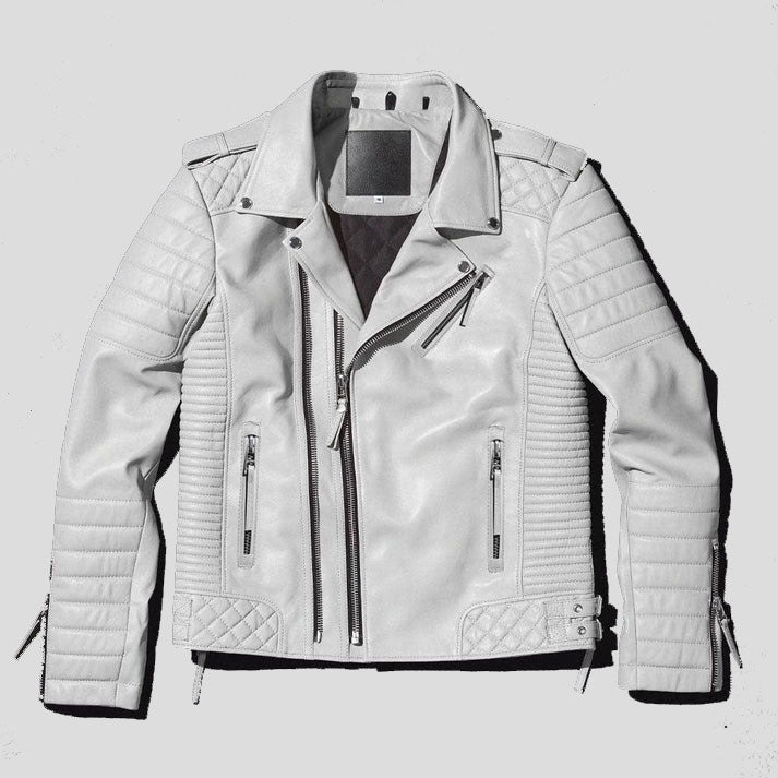 Men White Pearl Biker Leather Motorcycle Jacket - AMSEL LEATHERS