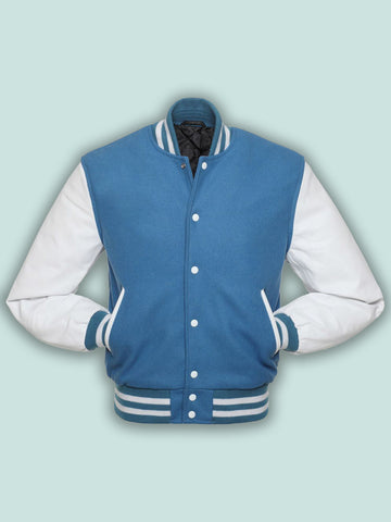 men’s blue cowhide leather varsity jacket back view