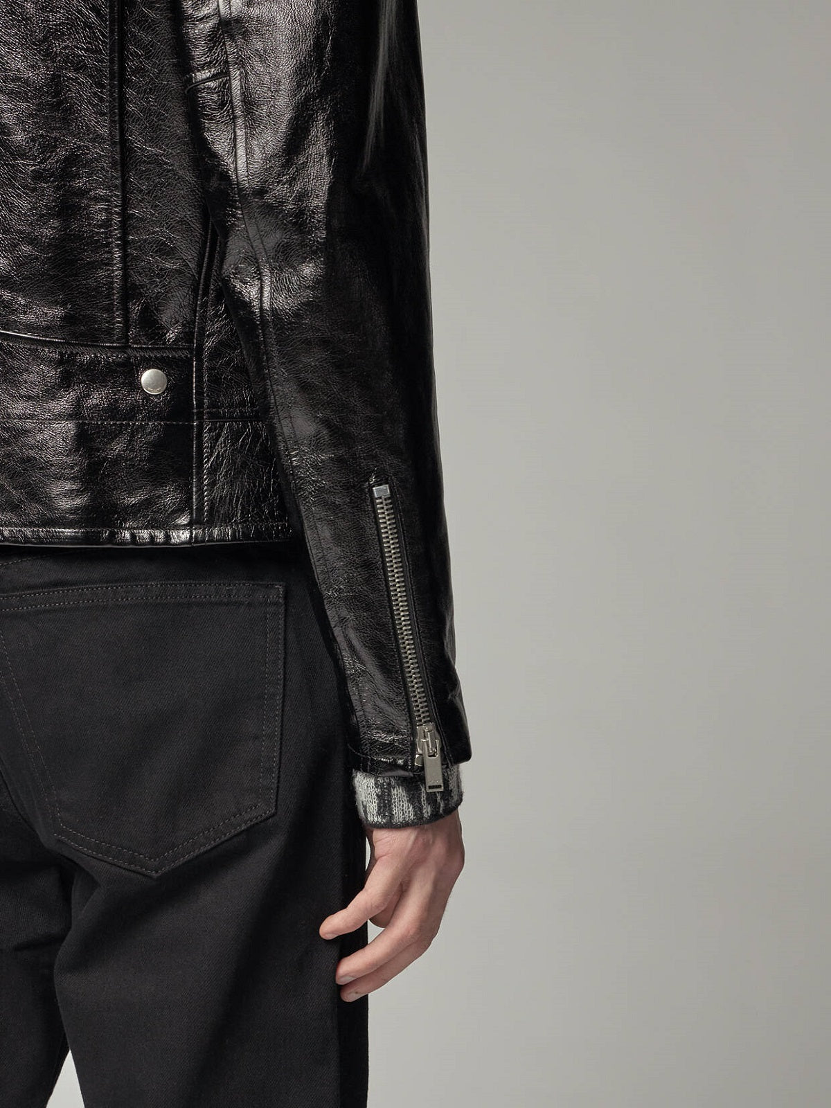 men's black leather biker jacket lorcan detail close up