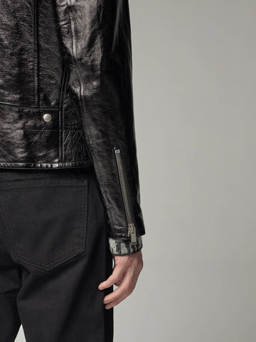 men's black leather biker jacket lorcan detail close up