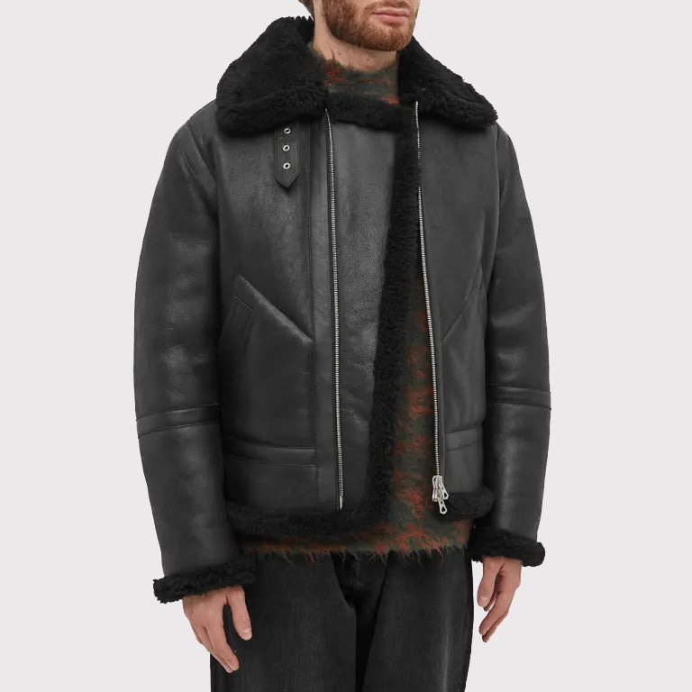 Classic Men's All Black Shearling Jacket - Timeless Style - AMSEL LEATHERS