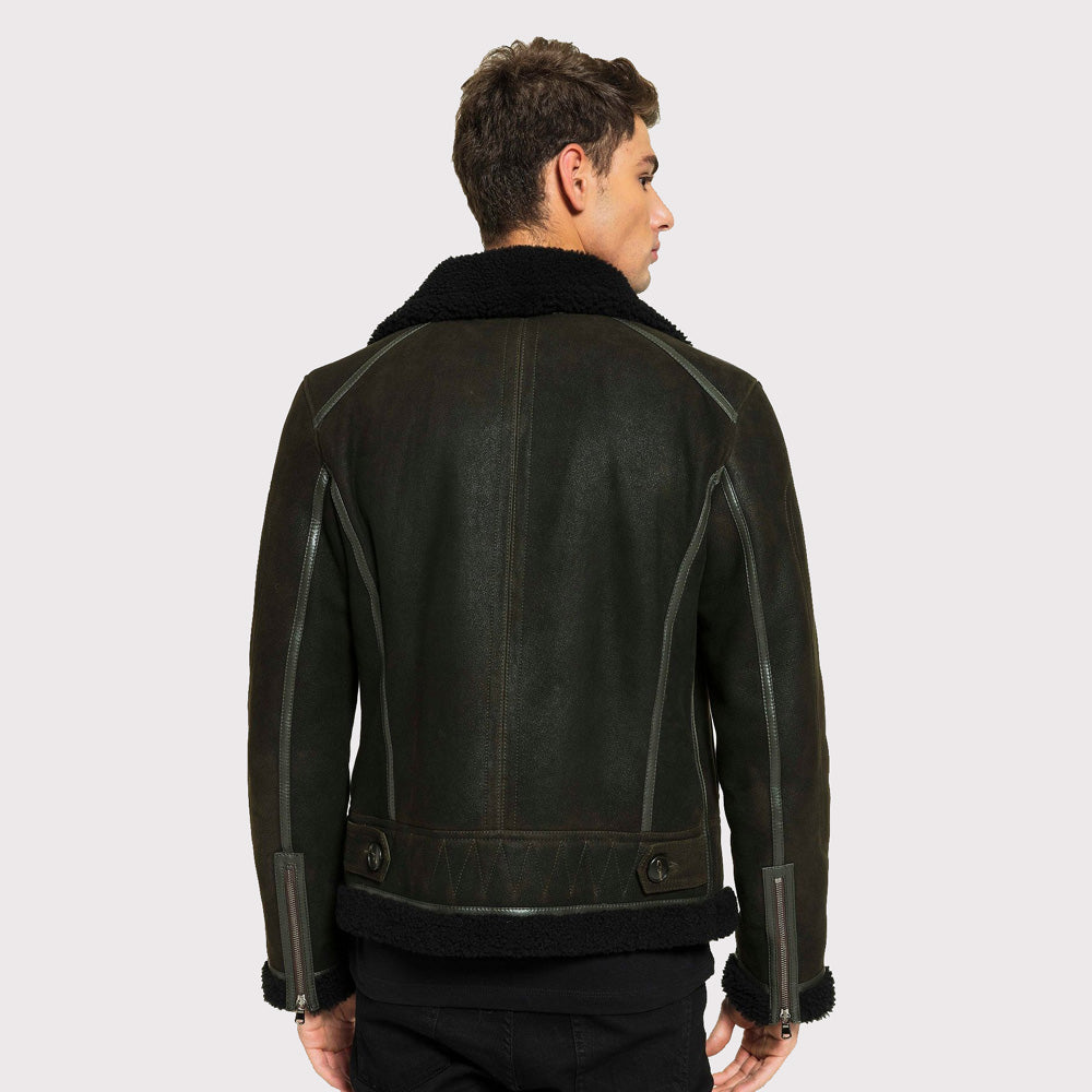 Stylish Men's Aviator Shearling Jacket - Green & Black - AMSEL LEATHERS