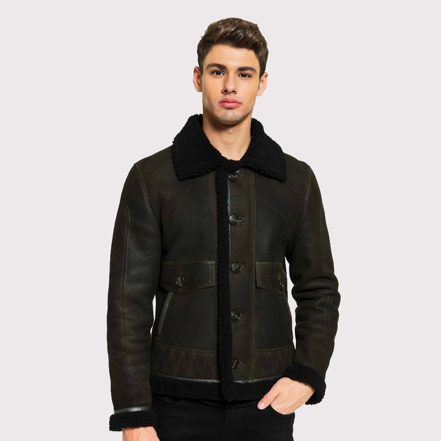 Stylish Men's Aviator Shearling Jacket - Green & Black - AMSEL LEATHERS