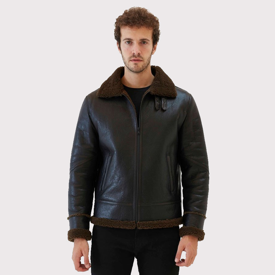 Premium Men's Aviator Dark Brown Shearling Jacket - AMSEL LEATHERS