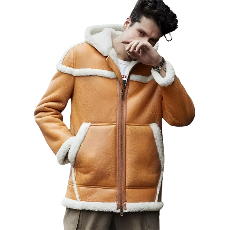 Men's Hooded B7 Sheepskin Shearling Bomber Coat in Yellow Amsel Leathers