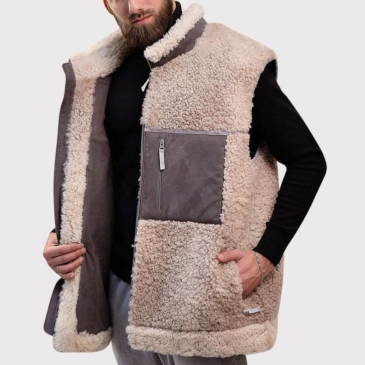 Men's Beige Sheepskin Vest with Wool Collar - AMSEL LEATHERS