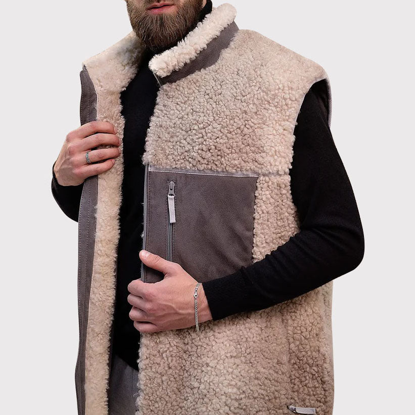 Men's Beige Sheepskin Vest with Wool Collar - AMSEL LEATHERS