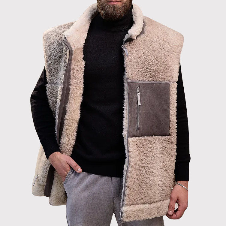 Men's Beige Sheepskin Vest with Wool Collar - AMSEL LEATHERS