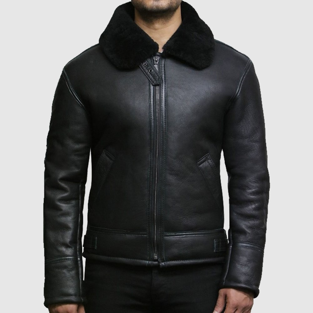 Men's Black Aviator B3 Shearling Sheepskin Leather Jacket - AMSEL LEATHERS