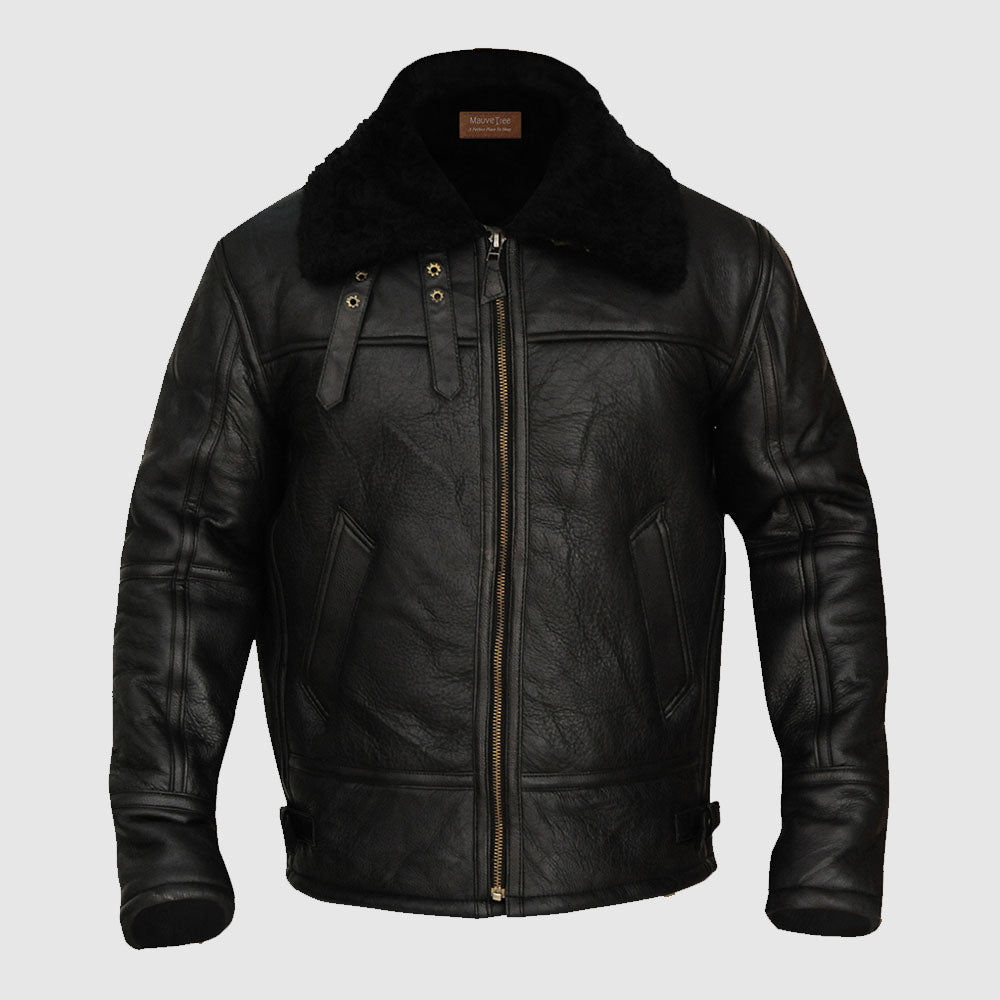 Black Sheepskin B3 Aviator Bomber Jacket for Men - AMSEL LEATHERS