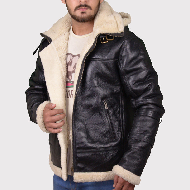 Men's Black B3 Bomber Aviator Shearling Leather Jacket - AMSEL LEATHERS