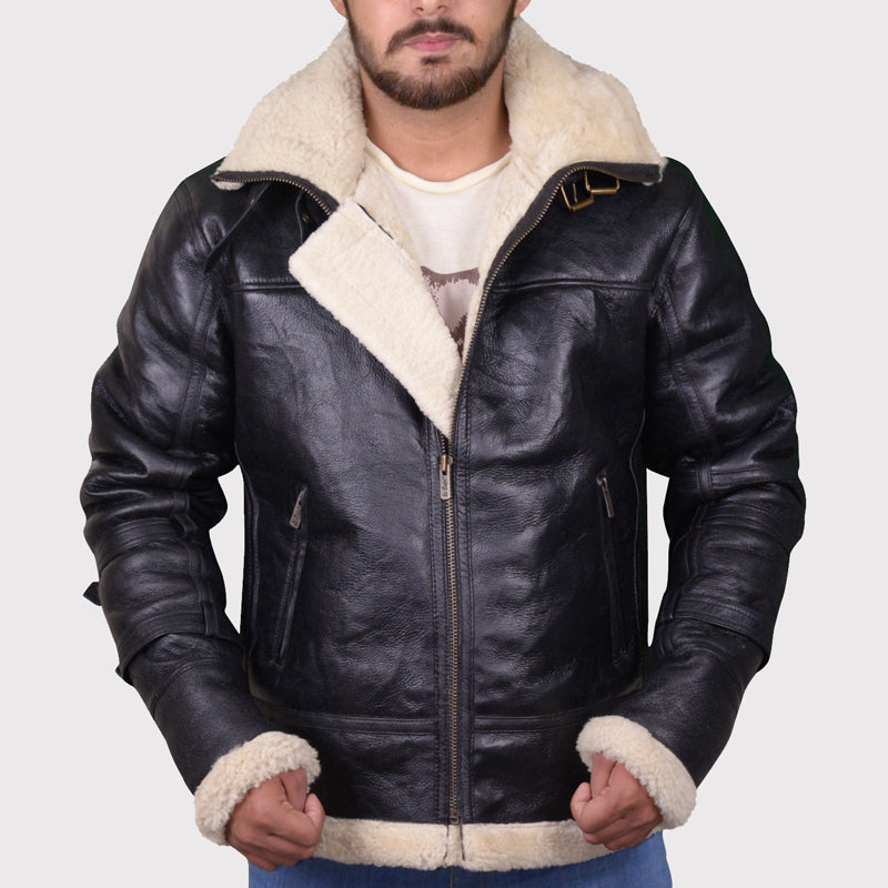 Men's Black B3 Bomber Aviator Shearling Leather Jacket - AMSEL LEATHERS