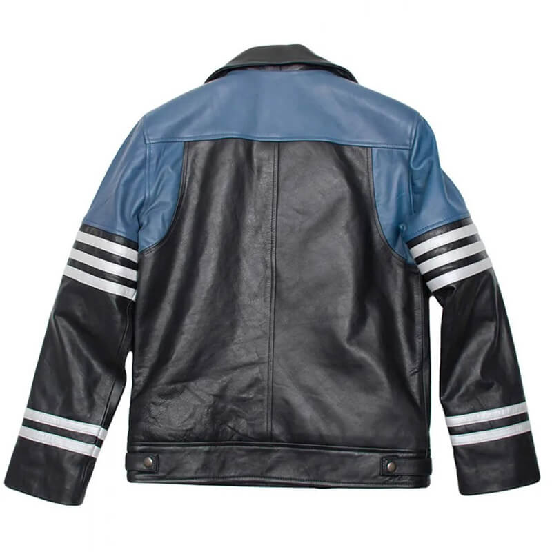 Men's Black and Blue Leather Biker Jacket with Striped Design - AMSEL LEATHERS